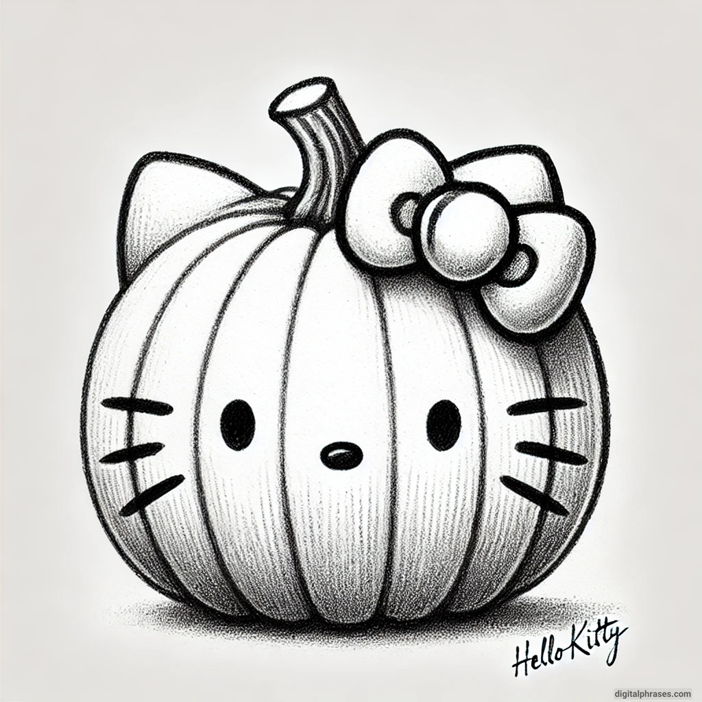 21 Hello Kitty Halloween Drawing Ideas Sketch of Hello Kitty in a pumpkin costume with a carved face