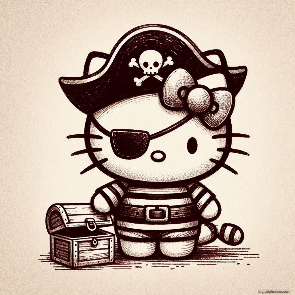 21 Hello Kitty Halloween Drawing Ideas Drawing of Hello Kitty as a pirate with an eye patch, hat, and treasure chest