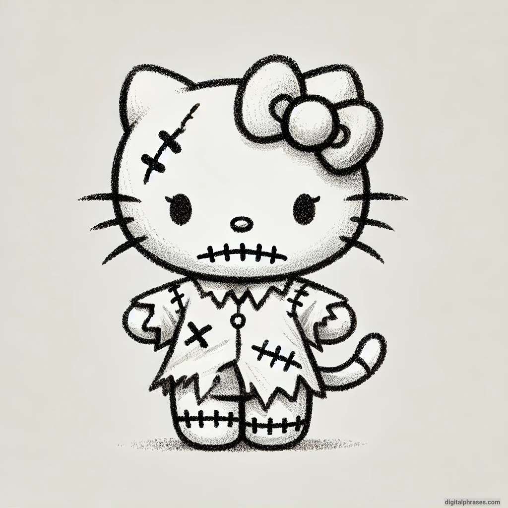 21 Hello Kitty Halloween Drawing Ideas Hello Kitty dressed as a zombie with stitched clothes and a spooky expression