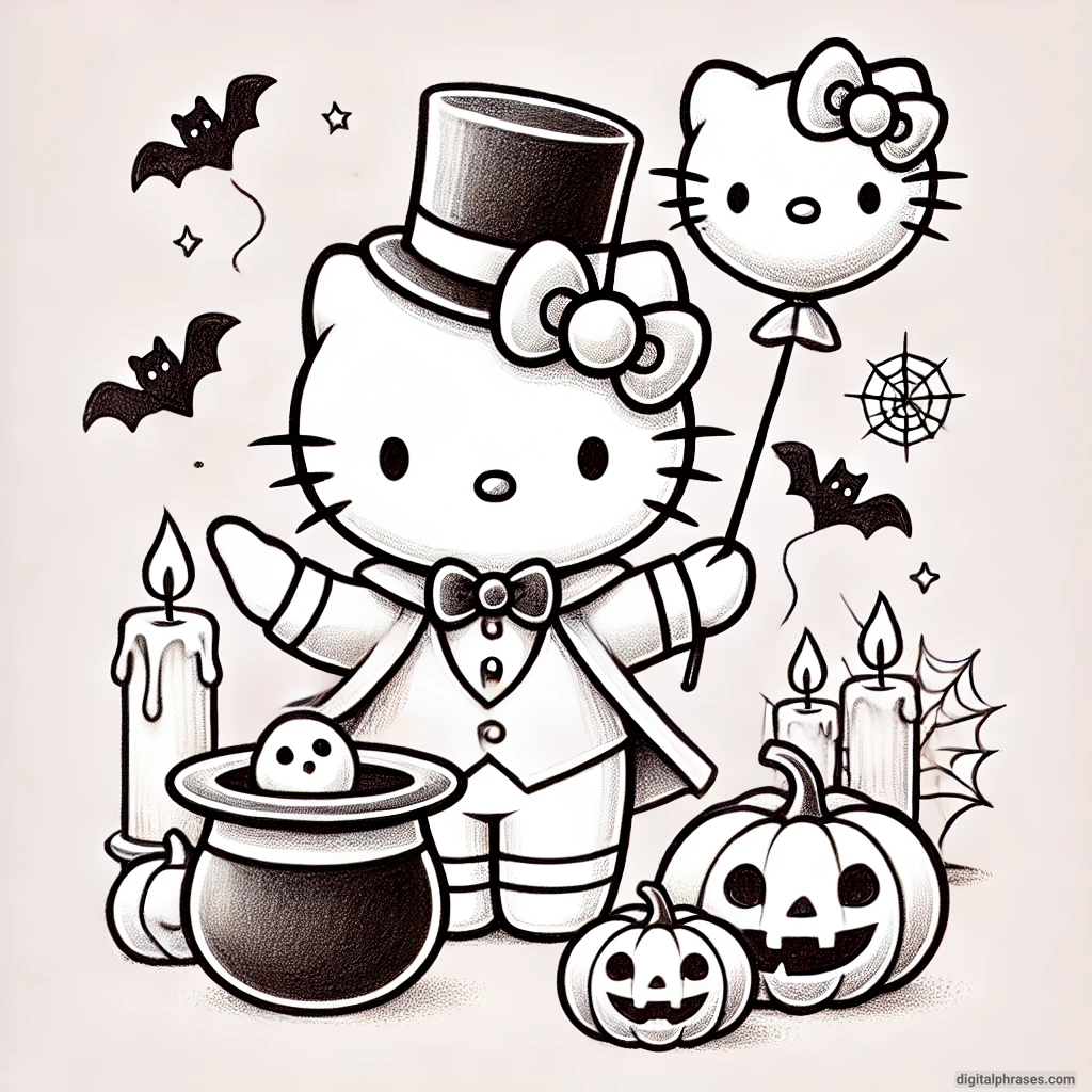 21 Hello Kitty Halloween Drawing Ideas drawing of Hello Kitty as a magician pulling a rabbit out of a hat with Halloween decorations
