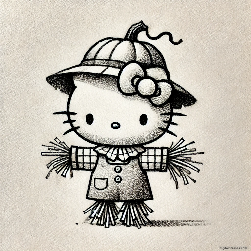 21 Hello Kitty Halloween Drawing Ideas Hello Kitty dressed as a scarecrow with hay and a pumpkin head