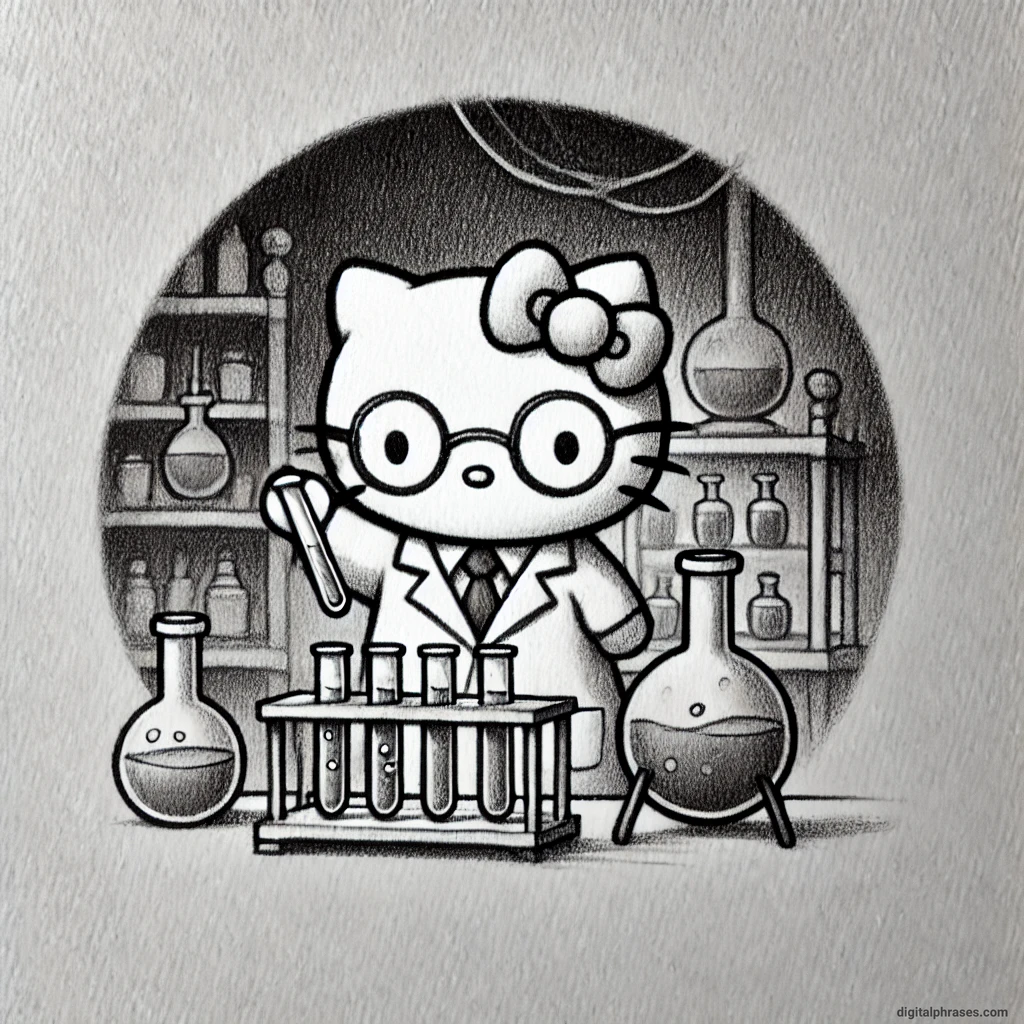 21 Hello Kitty Halloween Drawing Ideas drawing of Hello Kitty as a mad scientist with test tubes and a spooky lab