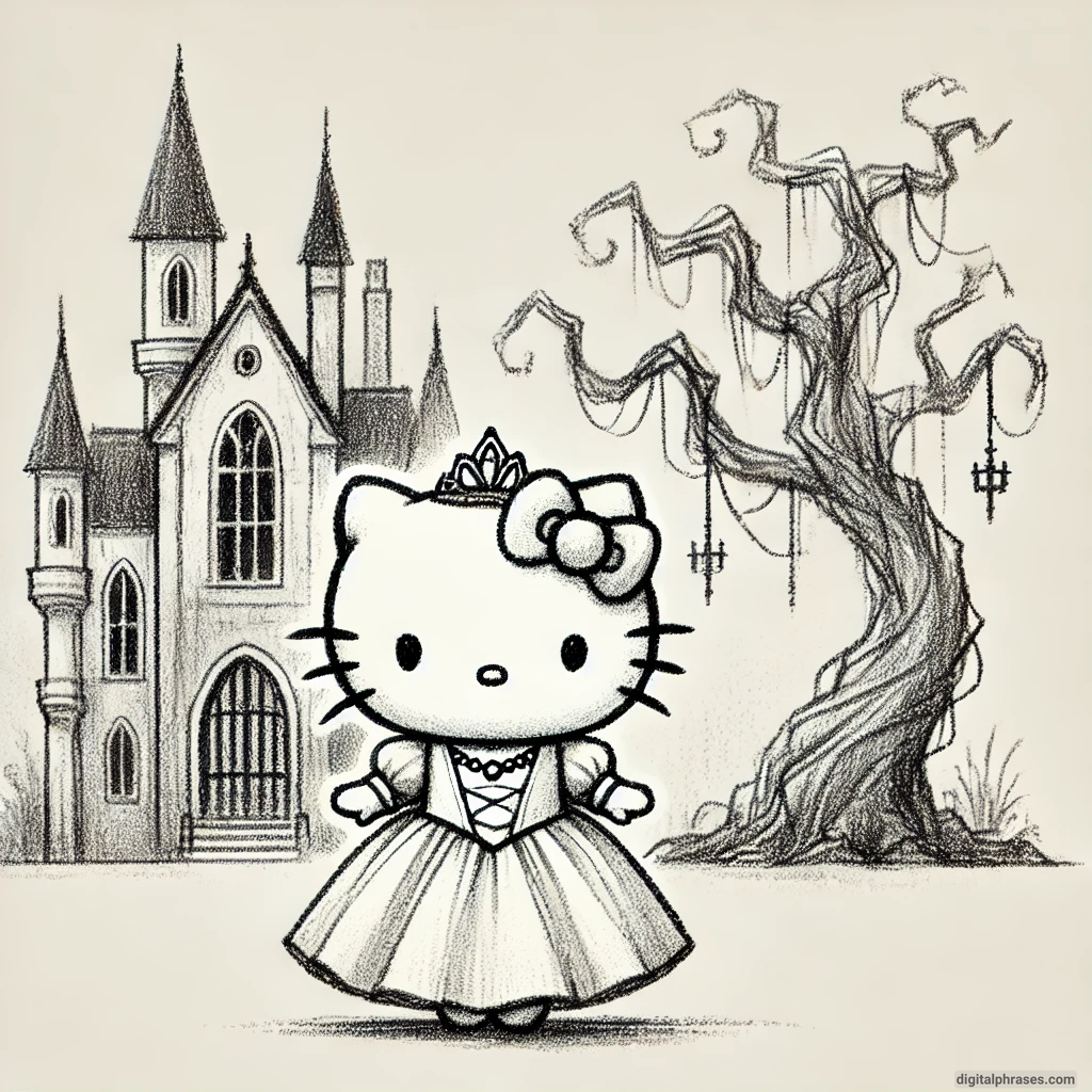 21 Hello Kitty Halloween Drawing Ideas Drawing of Hello Kitty dressed as a princess with a haunted castle background