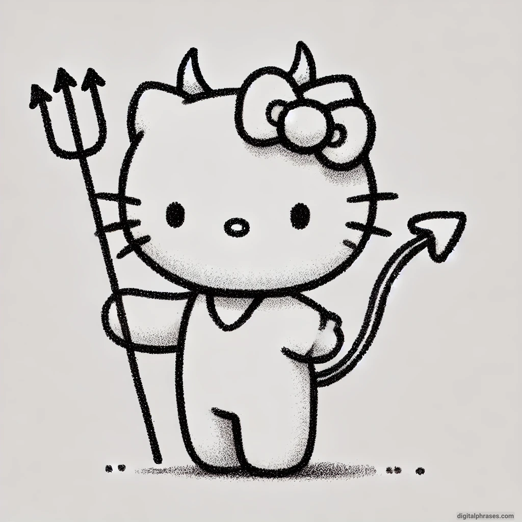 21 Hello Kitty Halloween Drawing Ideas drawing of Hello Kitty as a devil with horns, tail, and a pitchfork