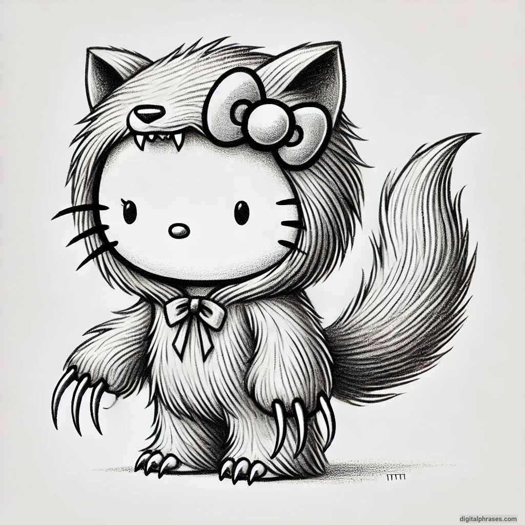 21 Hello Kitty Halloween Drawing Ideas drawing of Hello Kitty in a werewolf costume with fur and claws