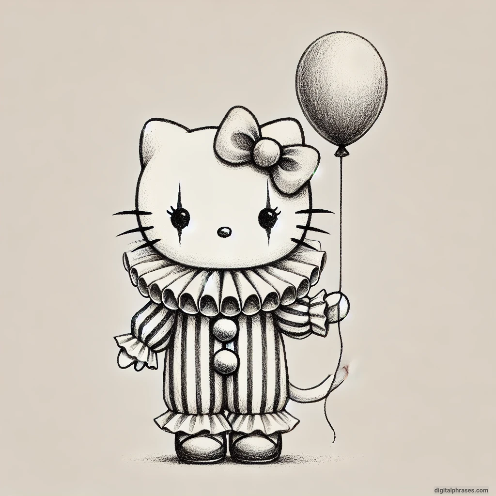 21 Hello Kitty Halloween Drawing Ideas Drawing of Hello Kitty dressed as a clown with a spooky twist and a balloon