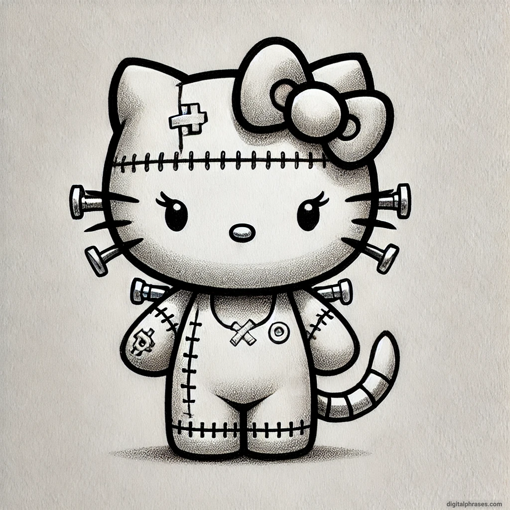21 Hello Kitty Halloween Drawing Ideas drawing of Hello Kitty as a Frankenstein's monster with bolts and stitches