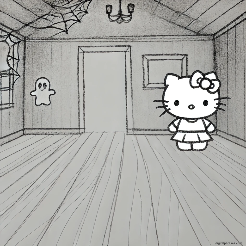 21 Hello Kitty Halloween Drawing Ideas Drawing of Hello Kitty in a haunted house setting with ghosts and spider webs