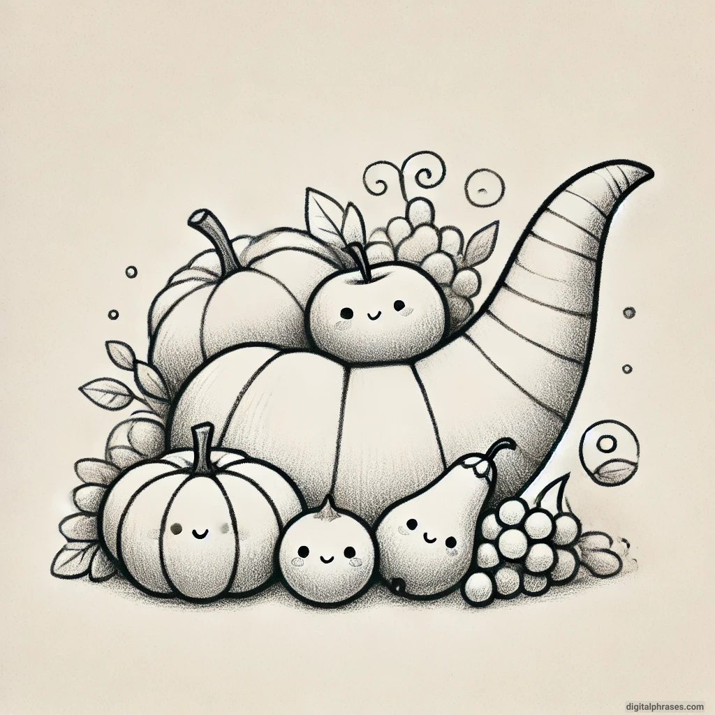 30 Easy, Cute and Simple Fall Drawing Ideas sketch of Basic Cornucopia Filled with Simple Fruits and Vegetables