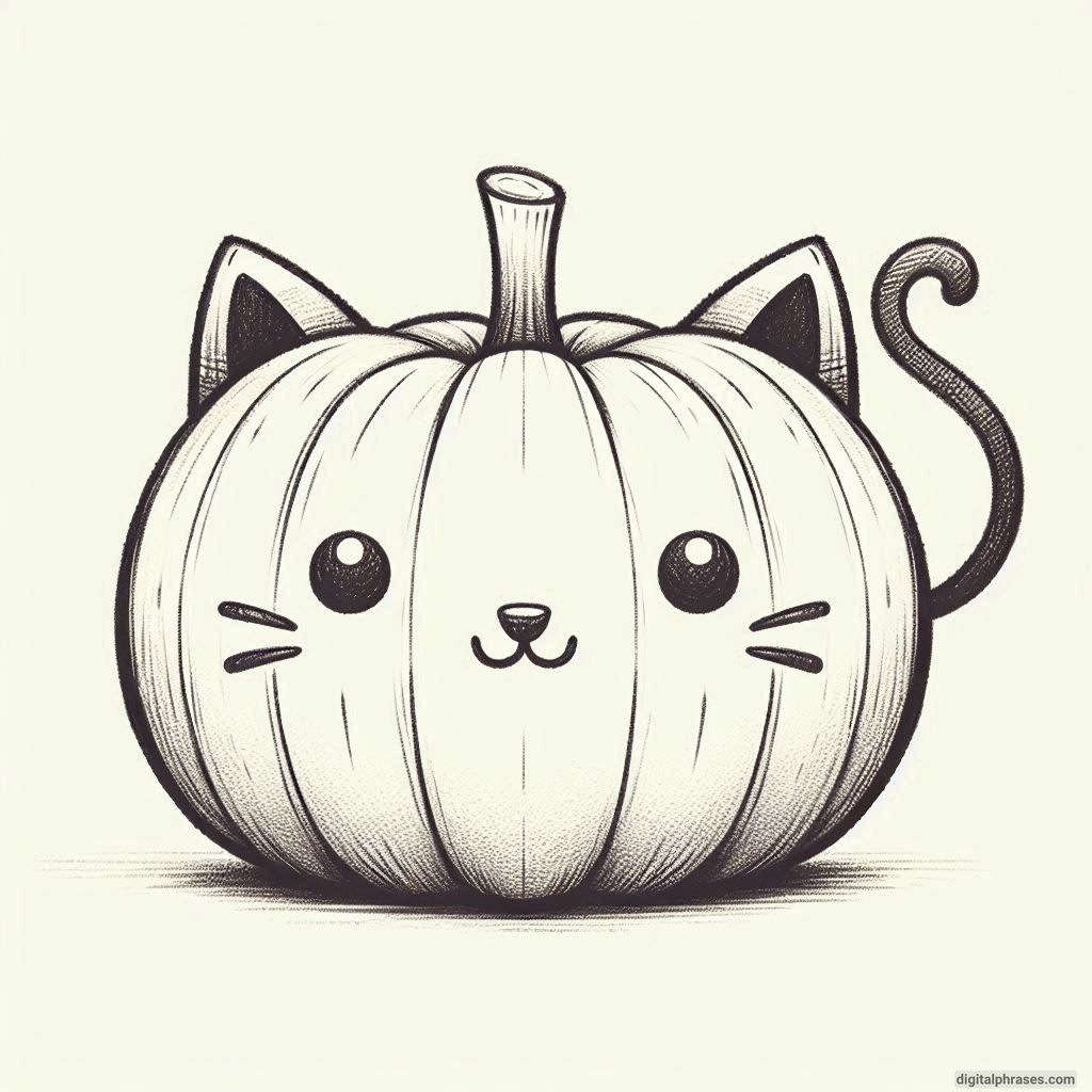 23 Pumpkin Halloween Drawing Ideas Cat-O'-Lantern with Whiskers and Tail