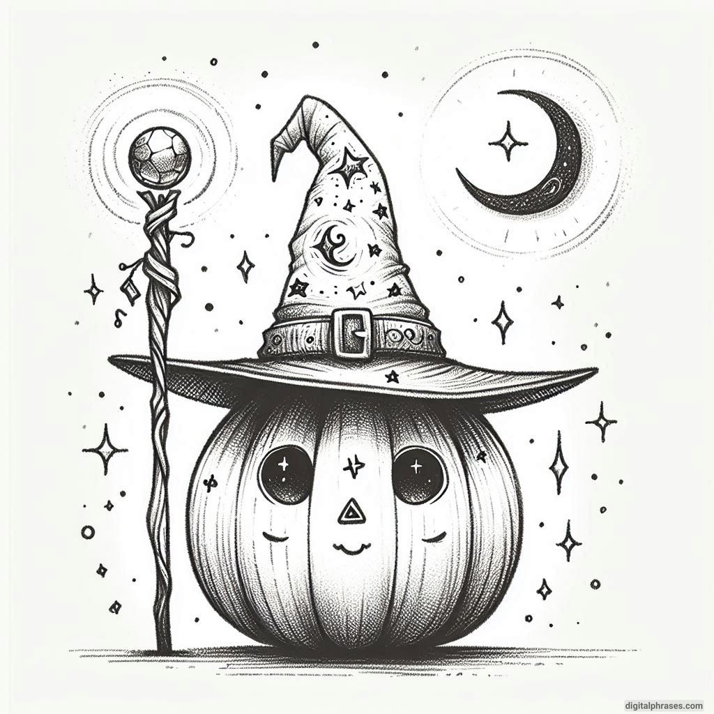 23 Pumpkin Halloween Drawing Ideas Pumpkin with a Wizard Hat and Magical Staff