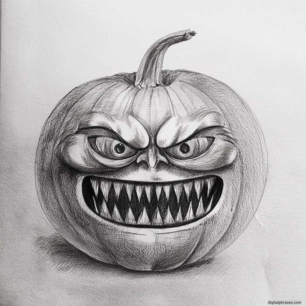 23 Pumpkin Halloween Drawing Ideas Pumpkin with a Monster Mouth and Sharp Teeth