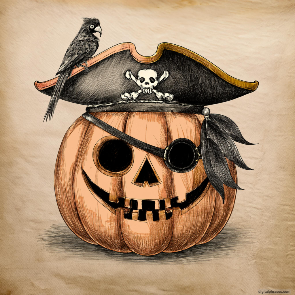 23 Pumpkin Halloween Drawing Ideas Pirate Pumpkin with Eye Patch and Parrot on Shoulder