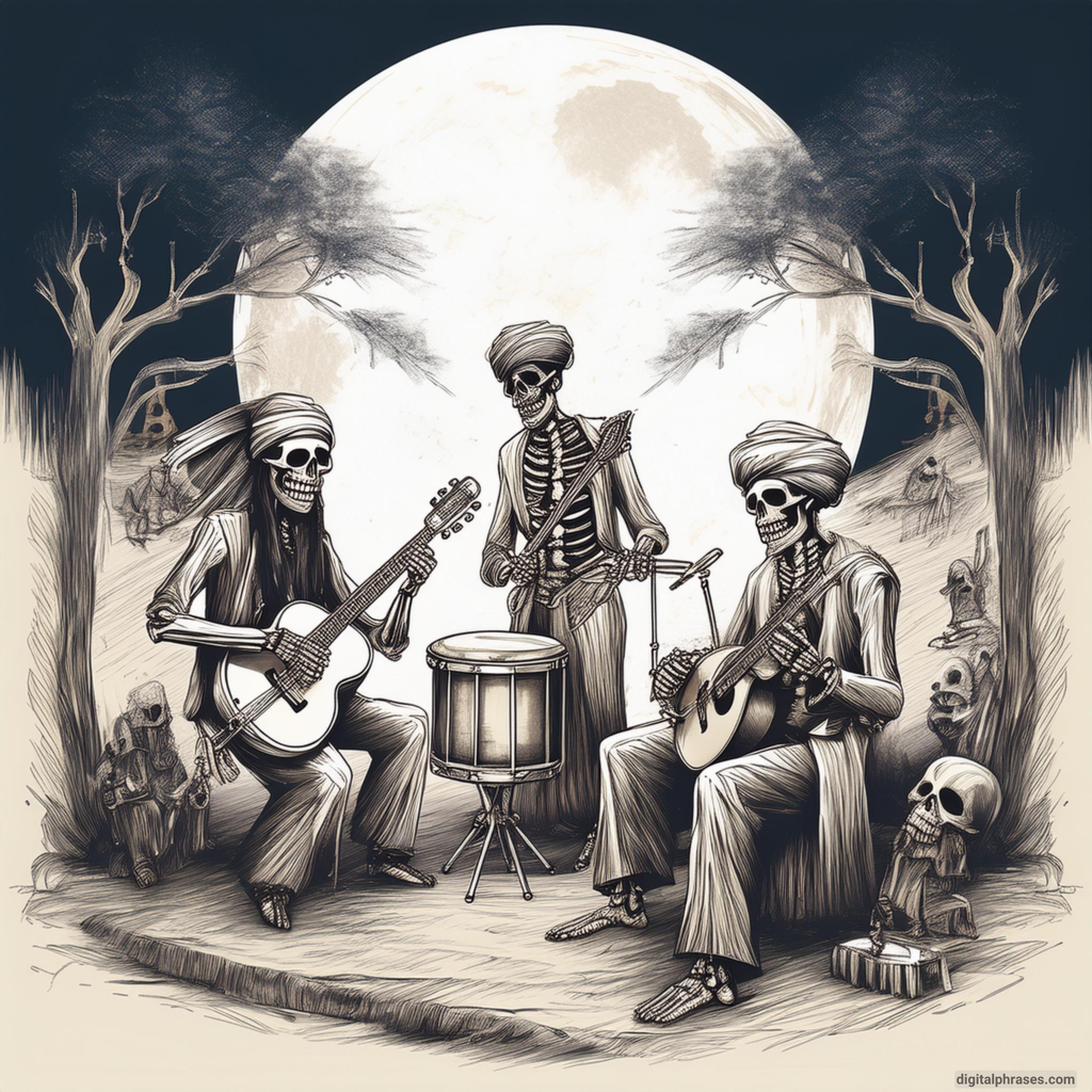 drawing of Skeleton Band Playing Eerie Music at Midnight