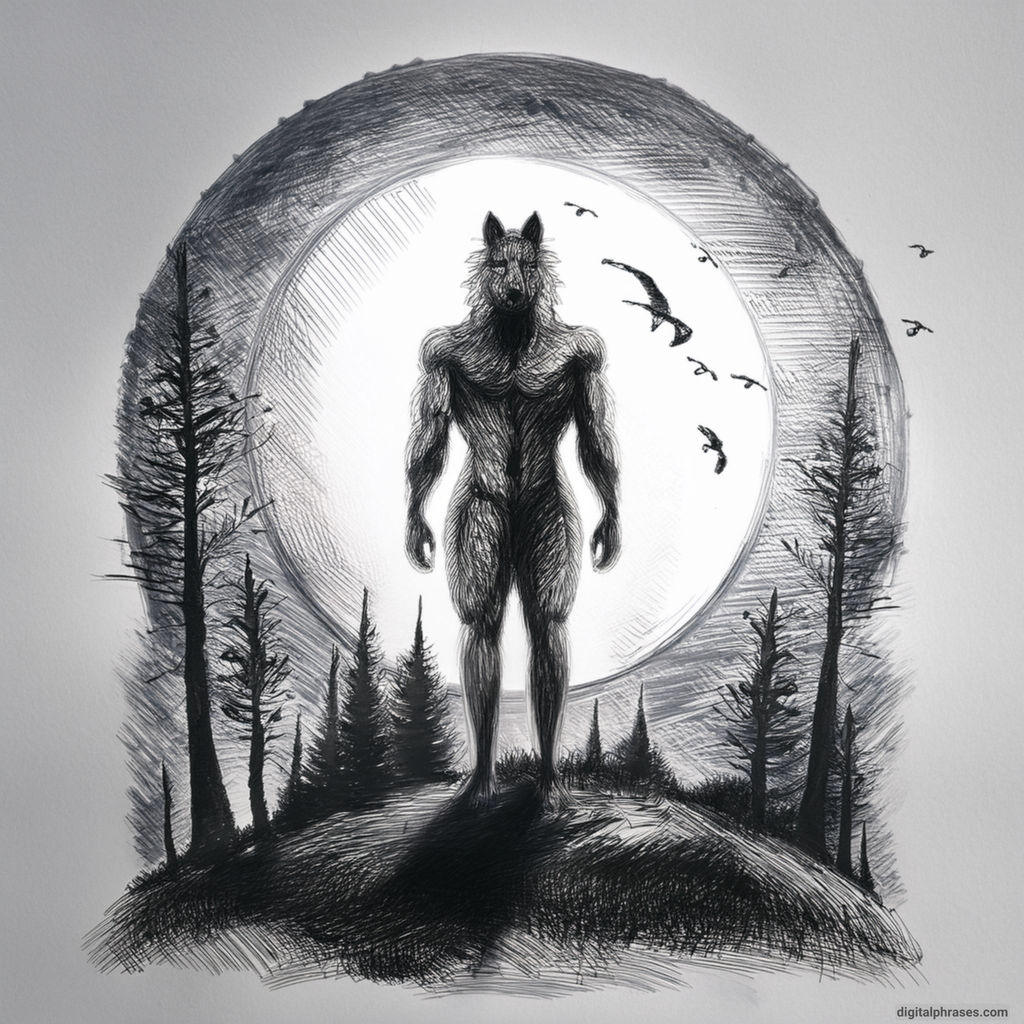 drawing of Werewolf Transforming Under a Full Moon