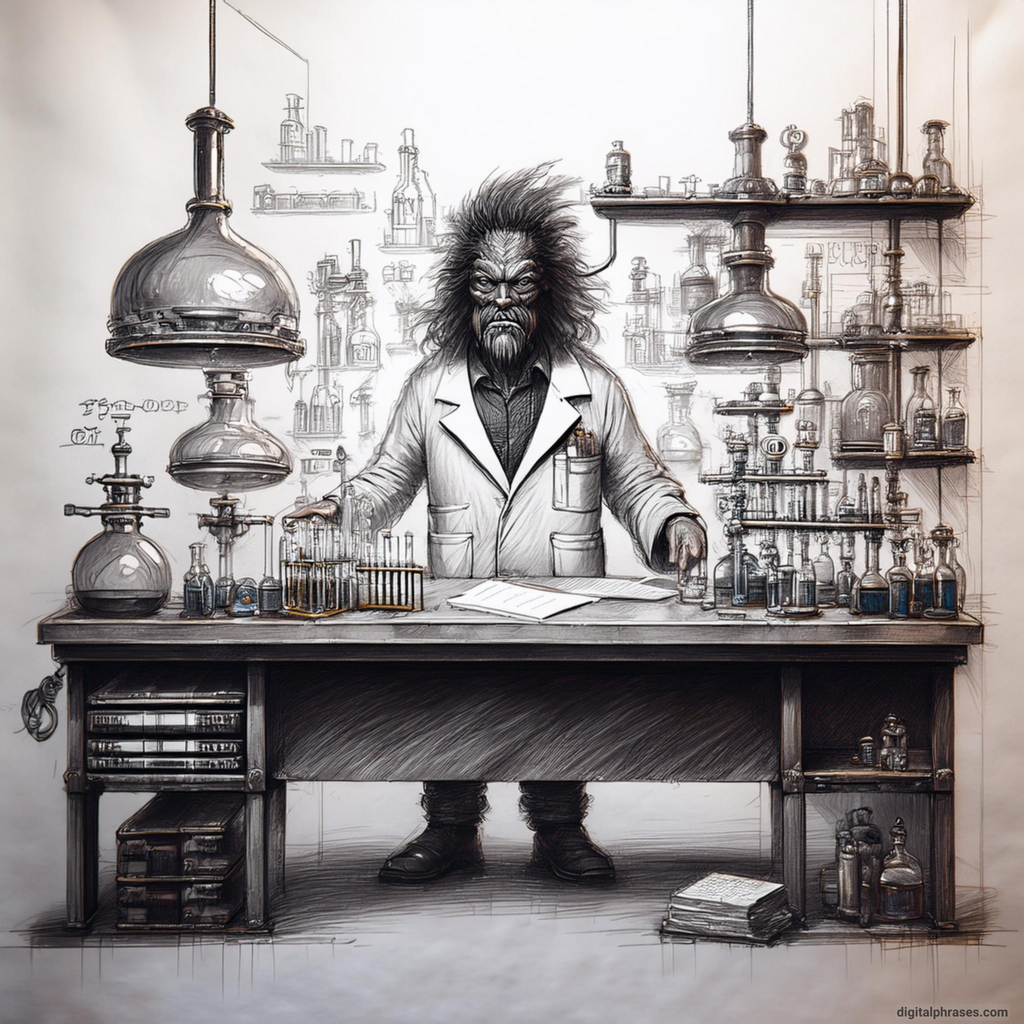 drawing of Sinister Lab with Mad Scientist and Monstrous Creations