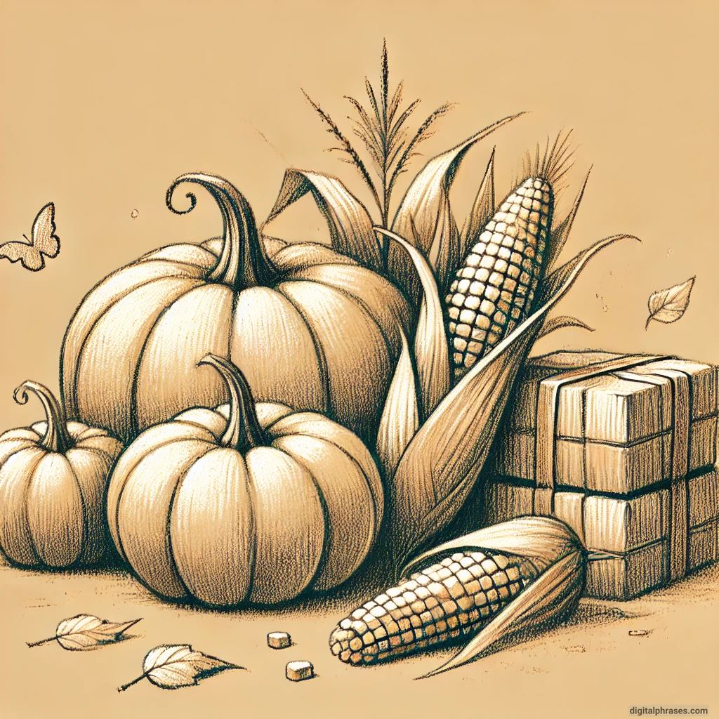 24 Fall Drawing Ideas For Kids Sketch of a Happy Harvest Scene with Pumpkins, Cornstalks, and Hay Bales