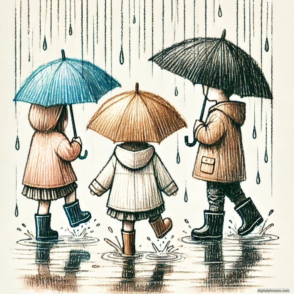 24 Fall Drawing Ideas For Kids sketch of a Rainy Day with Children Wearing Raincoats and Boots