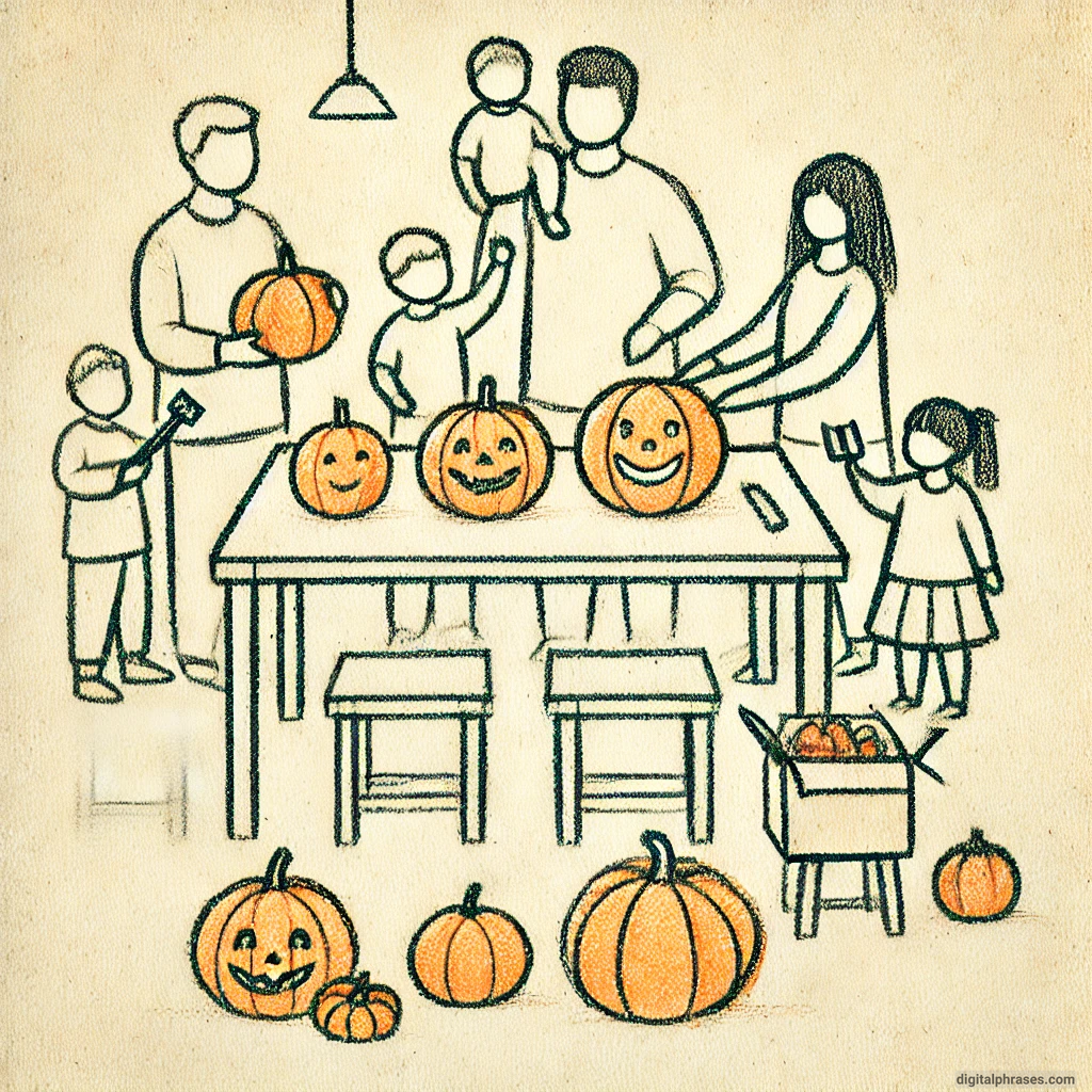 A drawing of a Family Carving Pumpkins for Halloween 