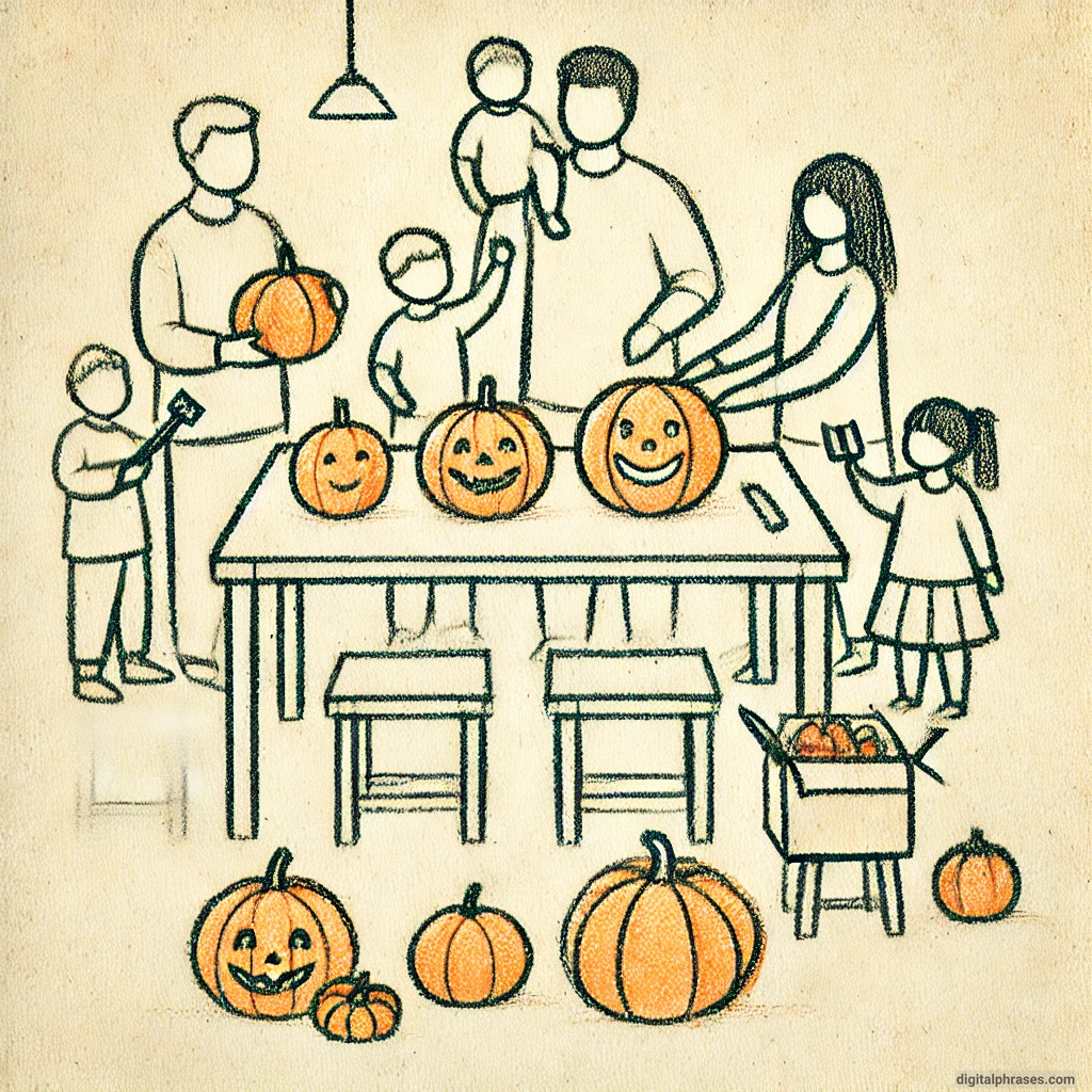 24 Fall Drawing Ideas For Kids A drawing of a Family Carving Pumpkins for Halloween
