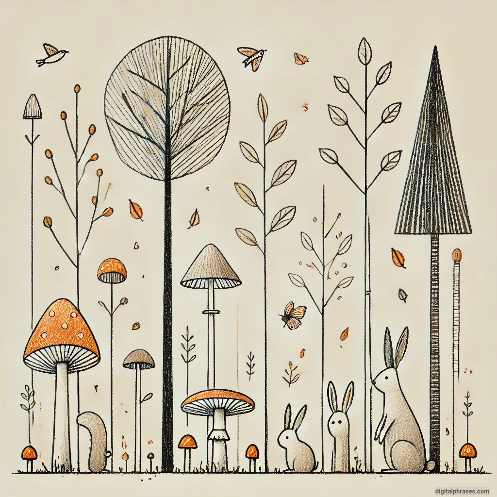 24 Fall Drawing Ideas For Kids drawing of a Woodland Scene with Mushrooms and Forest Creatures