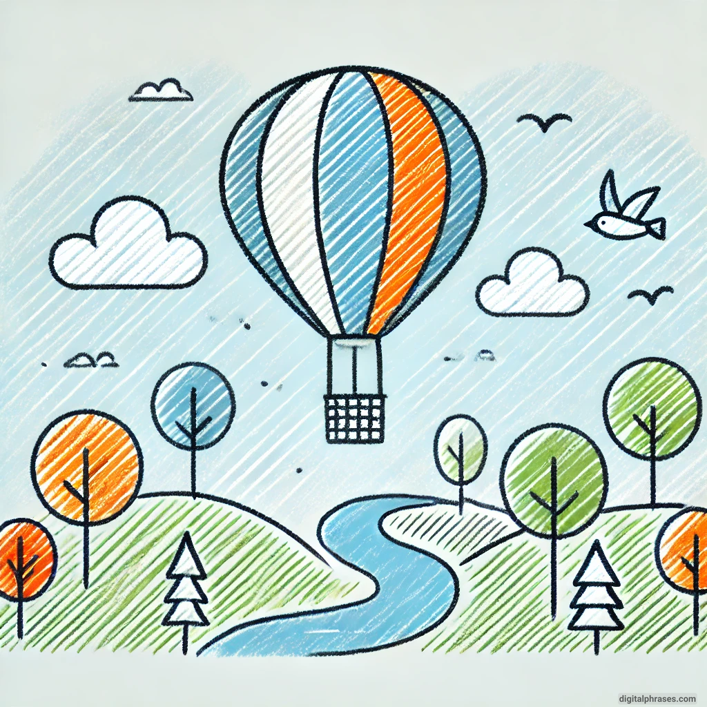 24 Fall Drawing Ideas For Kids drawing of a Hot Air Balloon Floating Over a Colorful Autumn Landscape