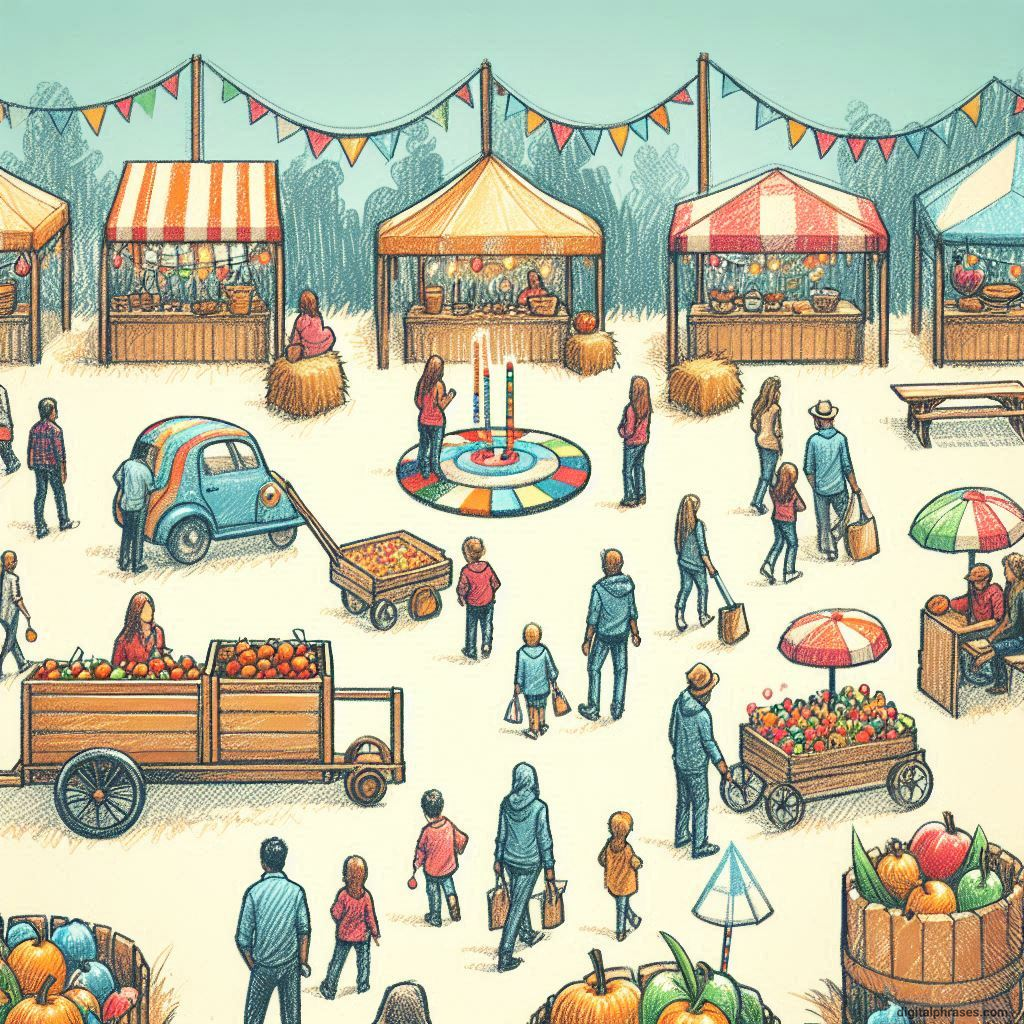 drawing of a Fall Festival with Hayrides, Games, and Booths 