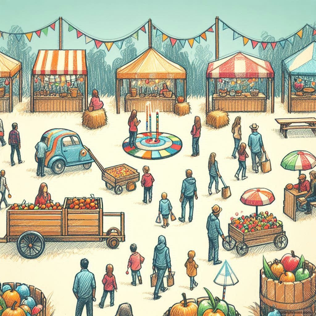 24 Fall Drawing Ideas For Kids drawing of a Fall Festival with Hayrides, Games, and Booths