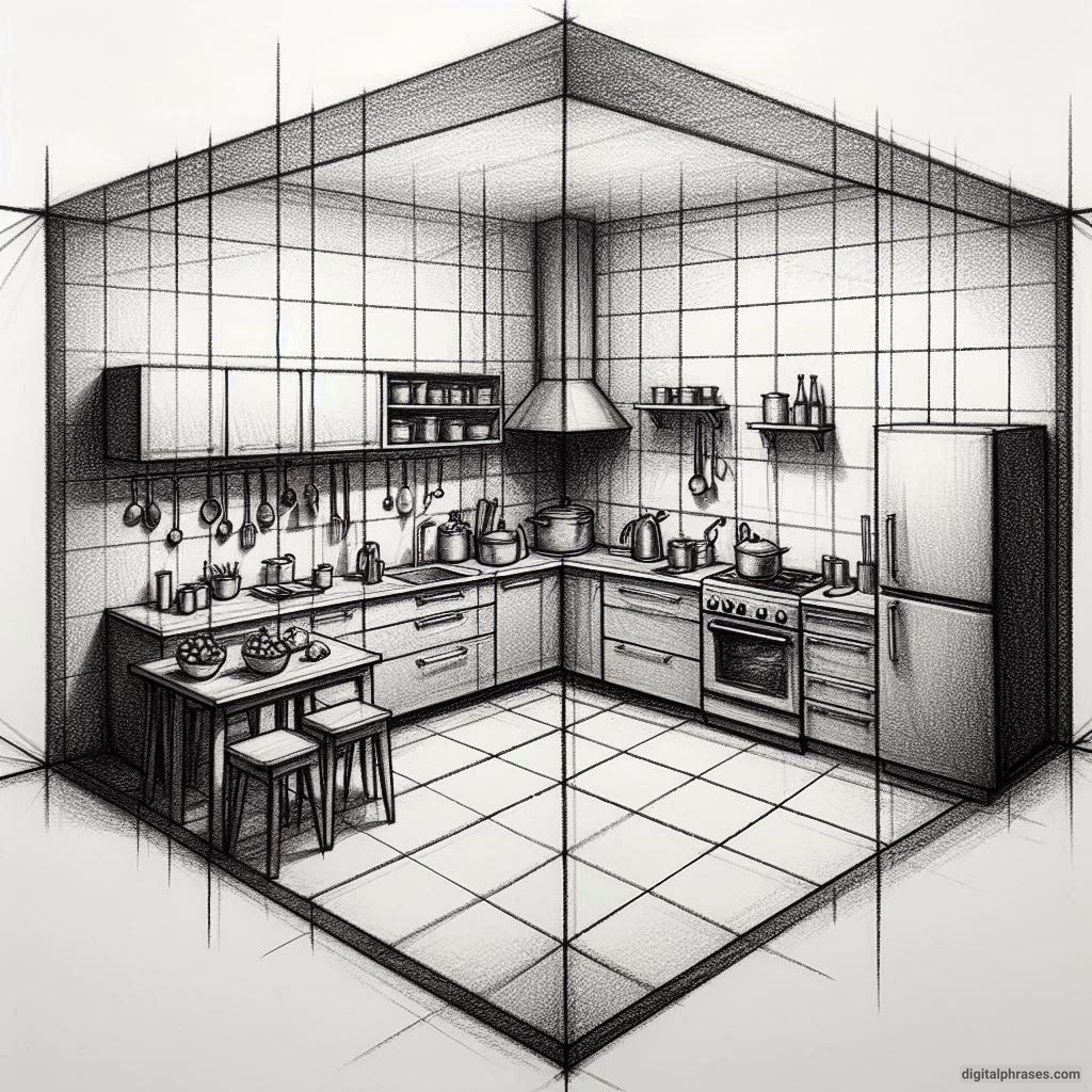 20 Two Point Perspective Drawing Ideas of a Kitchen