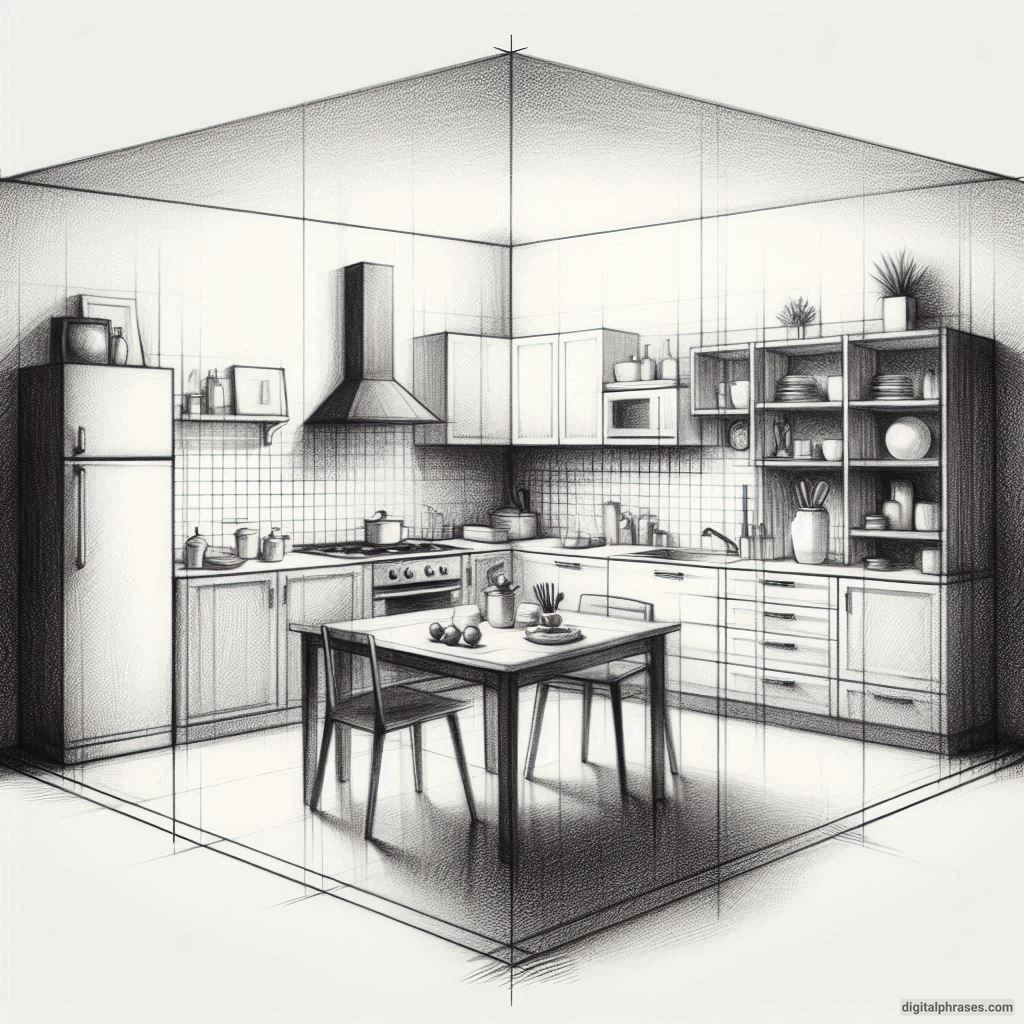 20 Two Point Perspective Drawing Ideas of a Kitchen