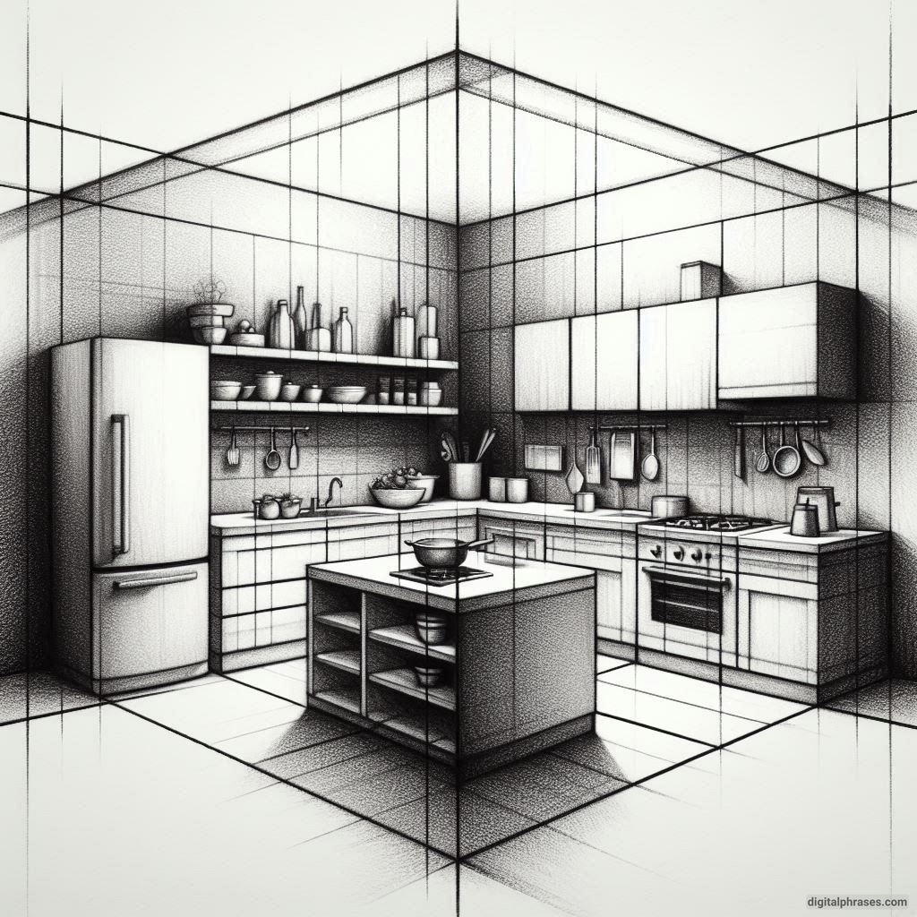 20 Two Point Perspective Drawing Ideas of a Kitchen