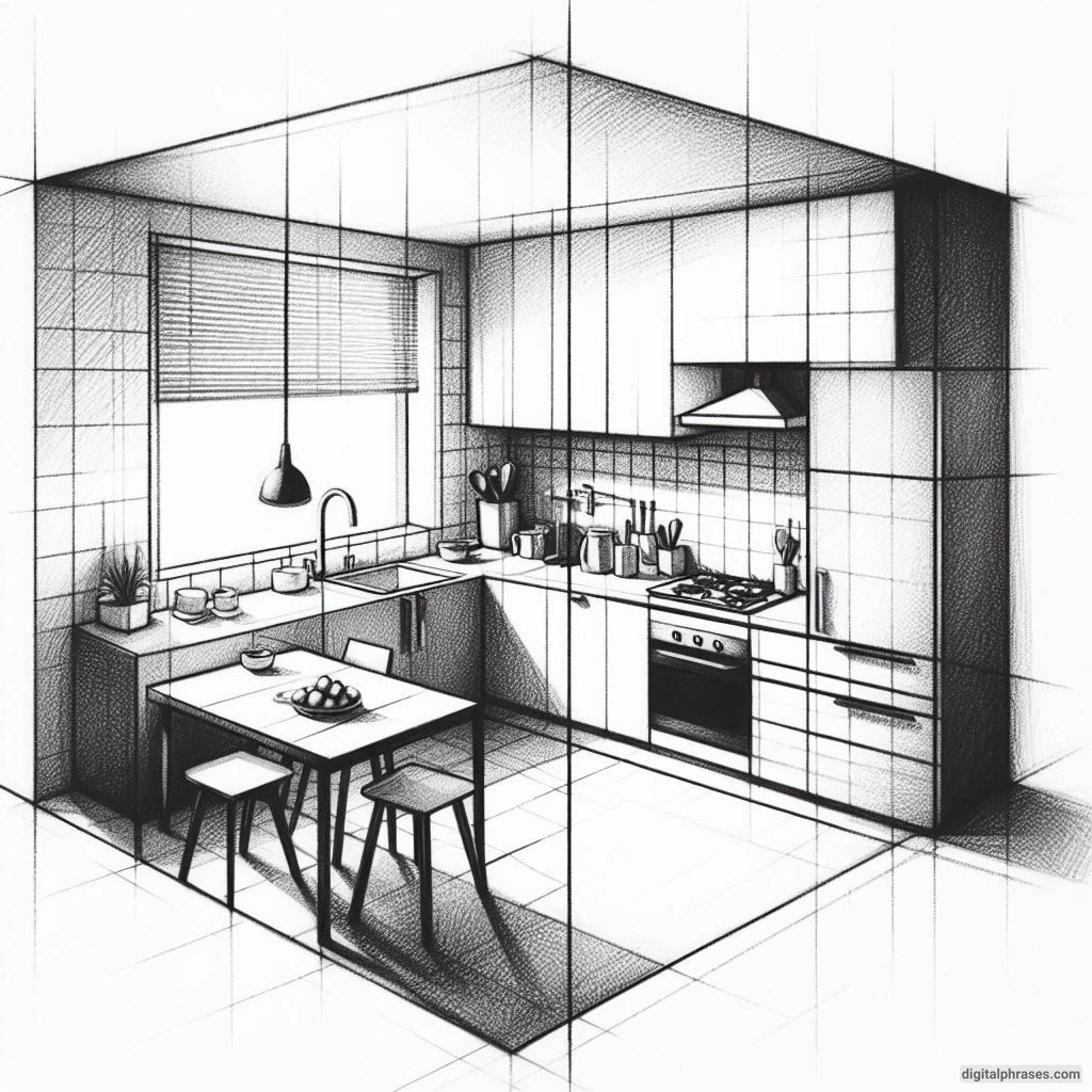 20 Two Point Perspective Drawing Ideas of a Kitchen