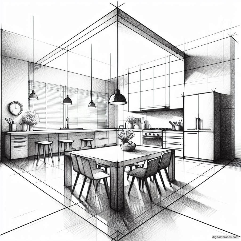 20 Two Point Perspective Drawing Ideas of a Kitchen