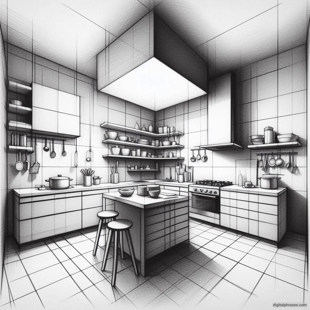 20 Two Point Perspective Drawing Ideas of a Kitchen