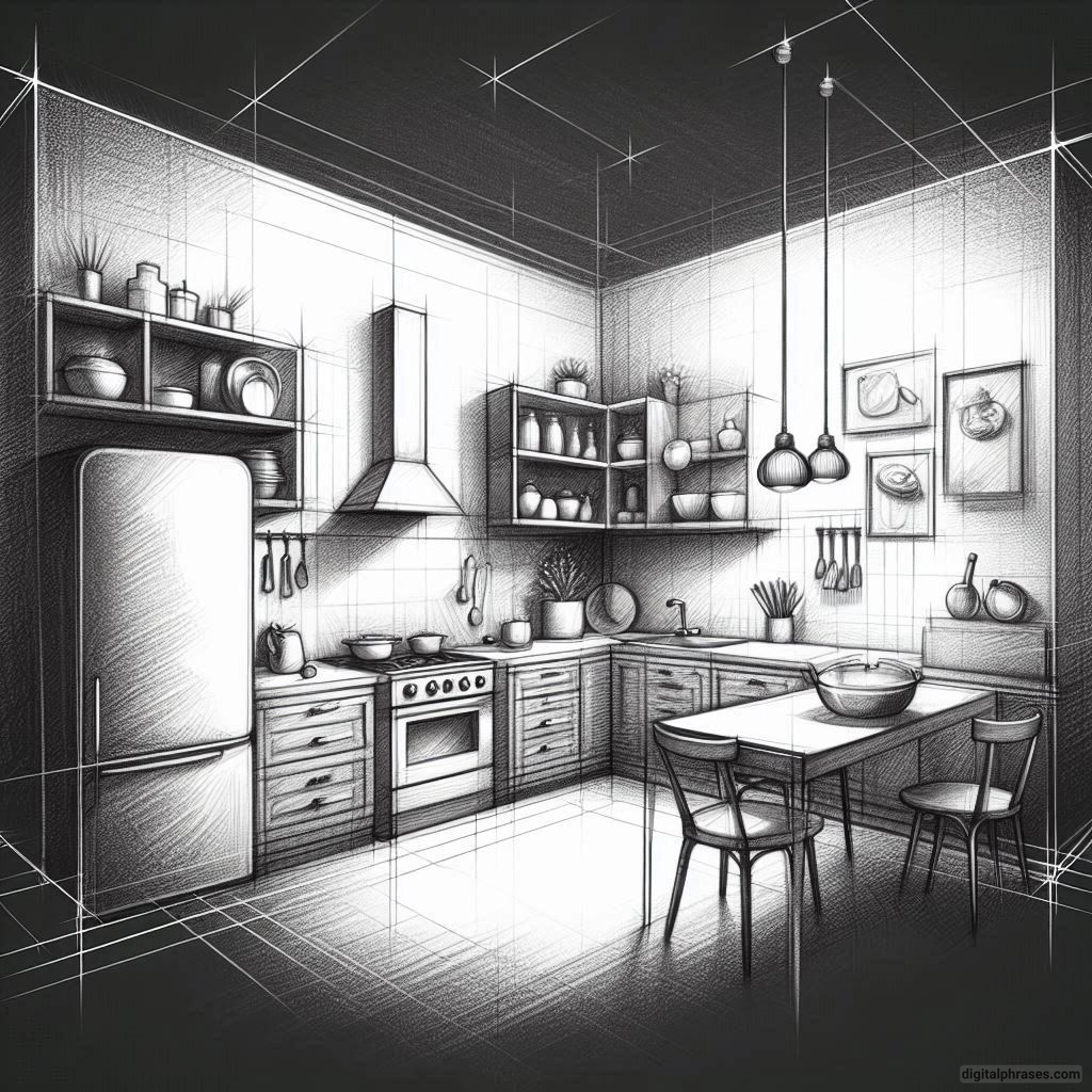 20 Two Point Perspective Drawing Ideas of a Kitchen