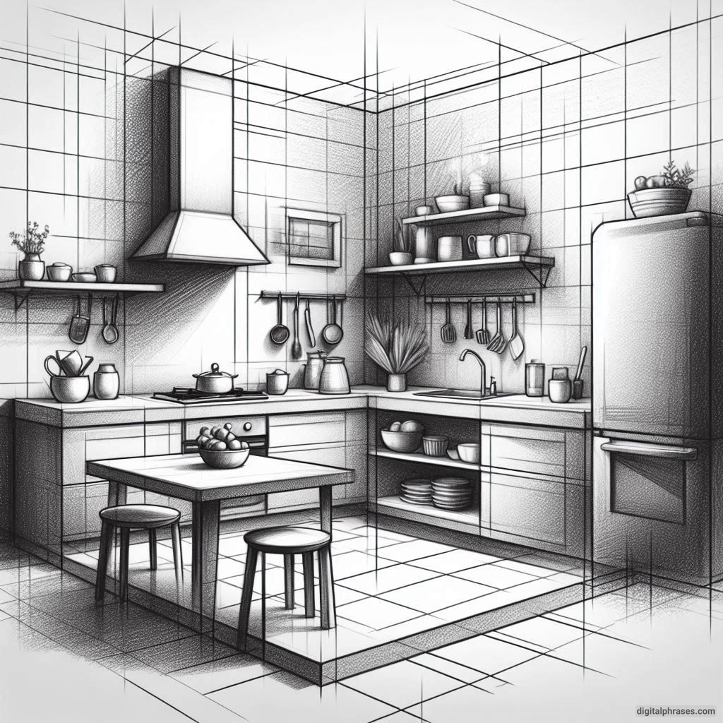 20 Two Point Perspective Drawing Ideas of a Kitchen