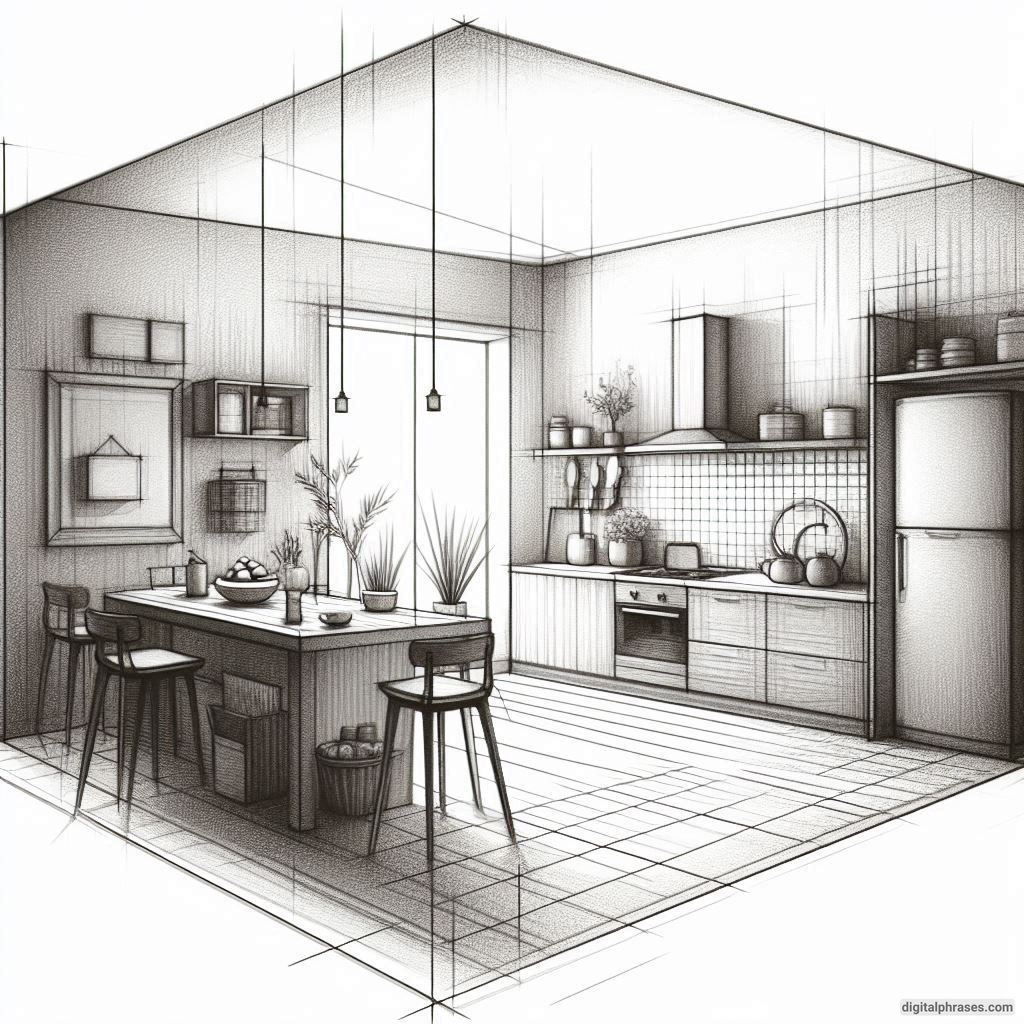 20 Two Point Perspective Drawing Ideas of a Kitchen