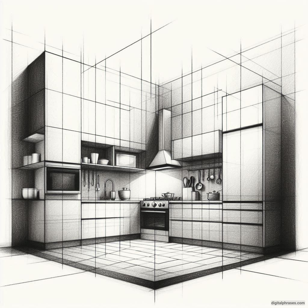 20 Two Point Perspective Drawing Ideas of a Kitchen