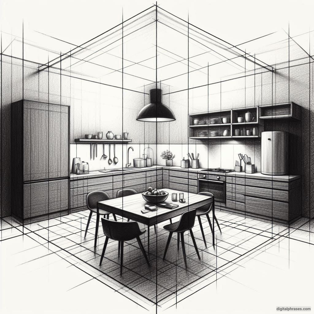 20 Two Point Perspective Drawing Ideas of a Kitchen