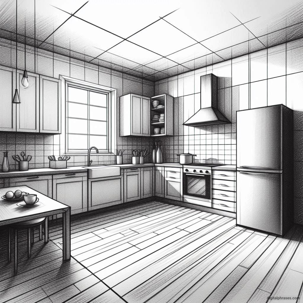 20 Two Point Perspective Drawing Ideas of a Kitchen