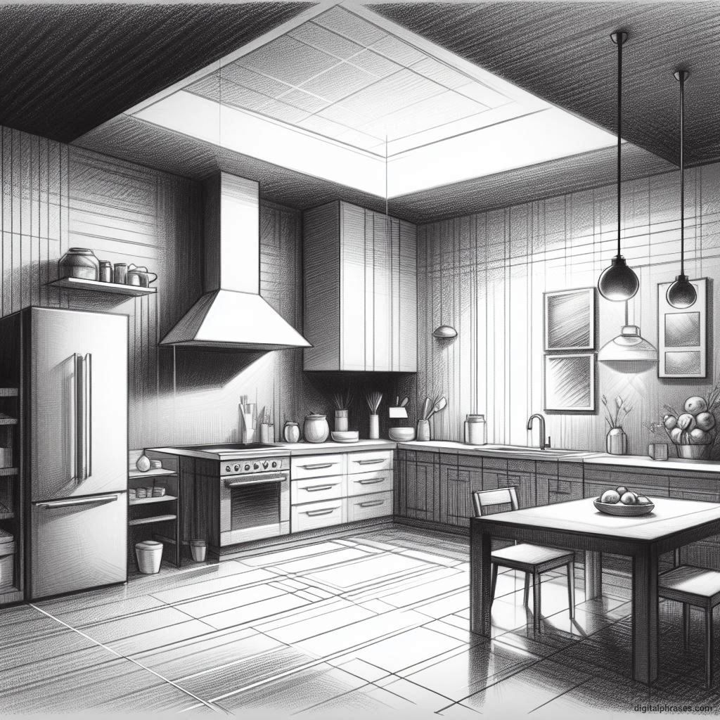 20 Two Point Perspective Drawing Ideas of a Kitchen