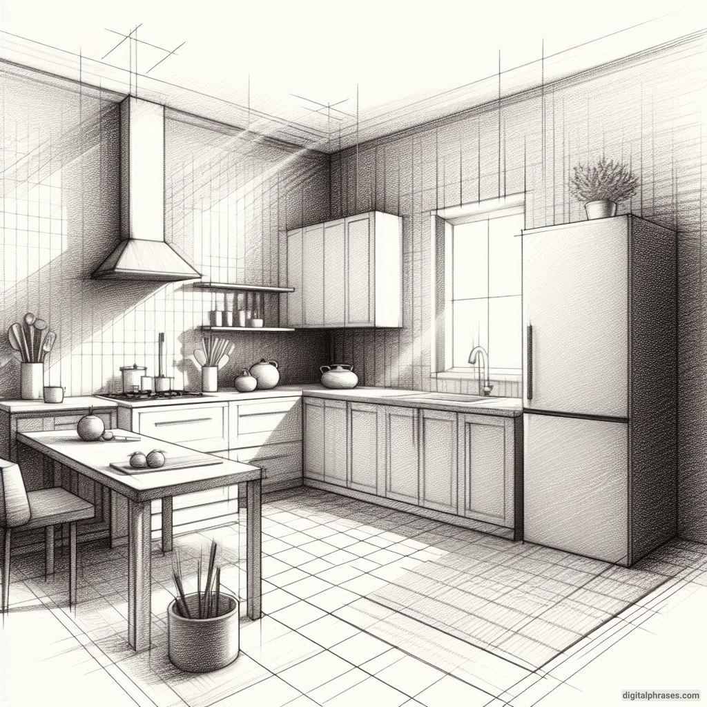 20 Two Point Perspective Drawing Ideas of a Kitchen