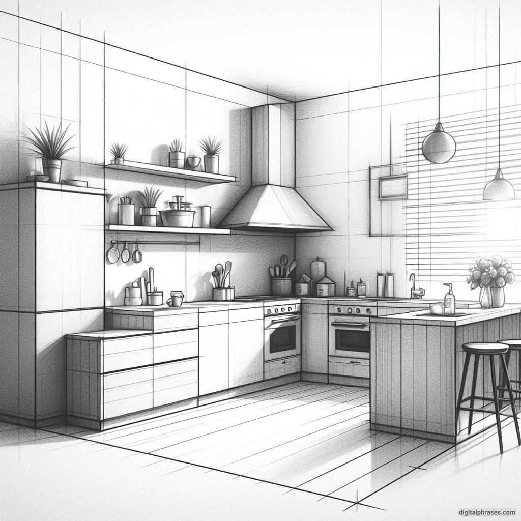 20 Two Point Perspective Drawing Ideas of a Kitchen