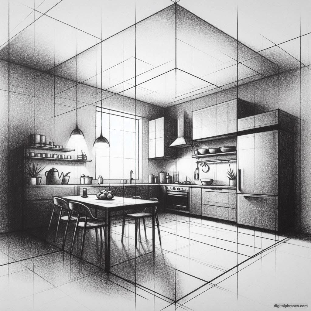 20 Two Point Perspective Drawing Ideas of a Kitchen