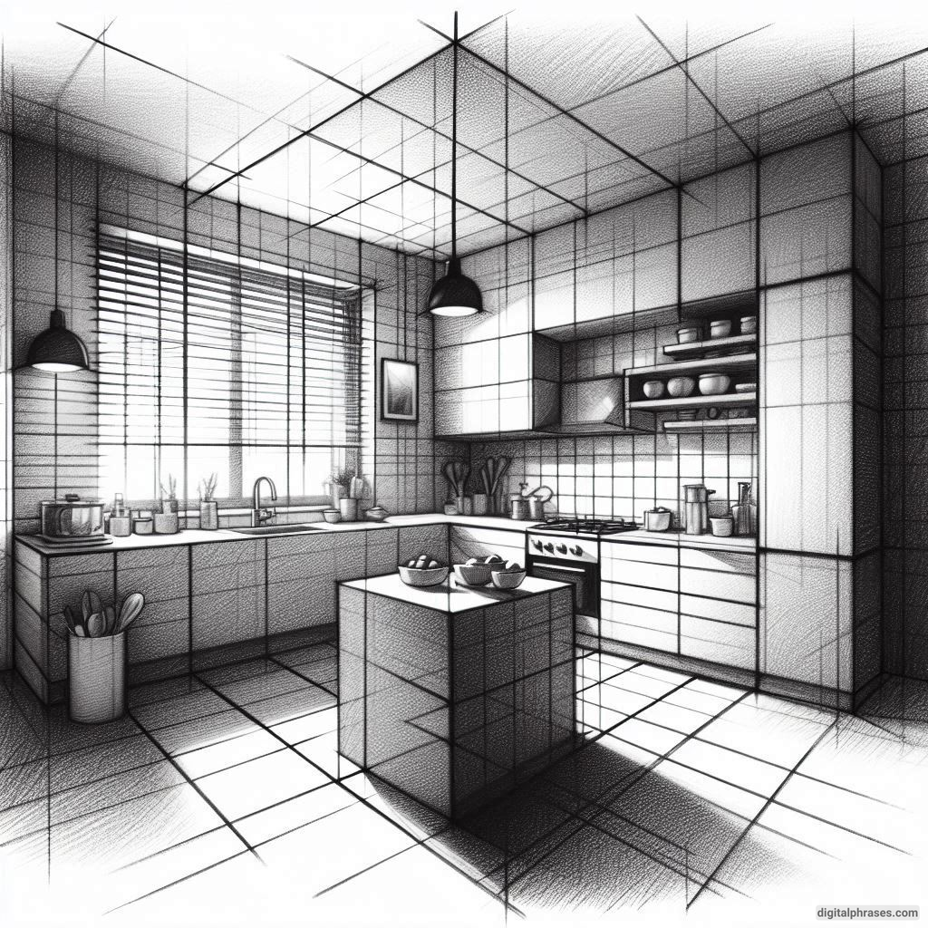 20 Two Point Perspective Drawing Ideas of a Kitchen