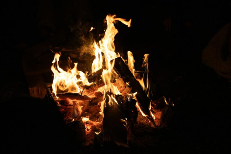 A bright campfire burns vividly against darkness.