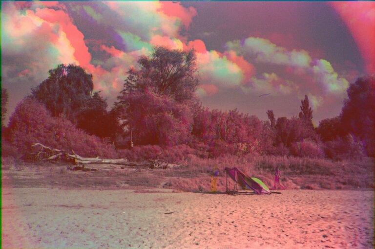 Pink toned landscape with river and trees
