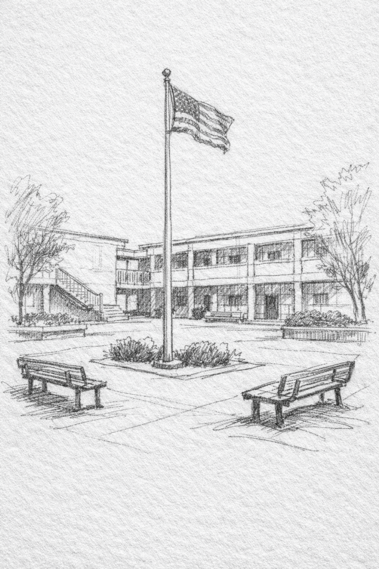 School courtyard with flag and benches