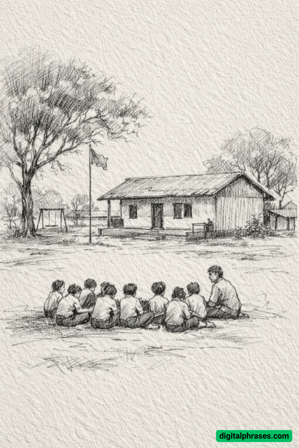 Children sitting in front of school.